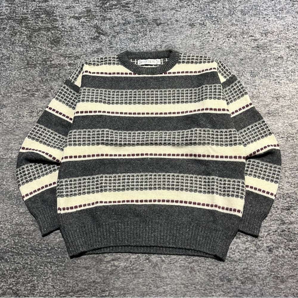 Vintage Janzten Sweater Mens XL Gray White Striped Pattern 90s Made In USA